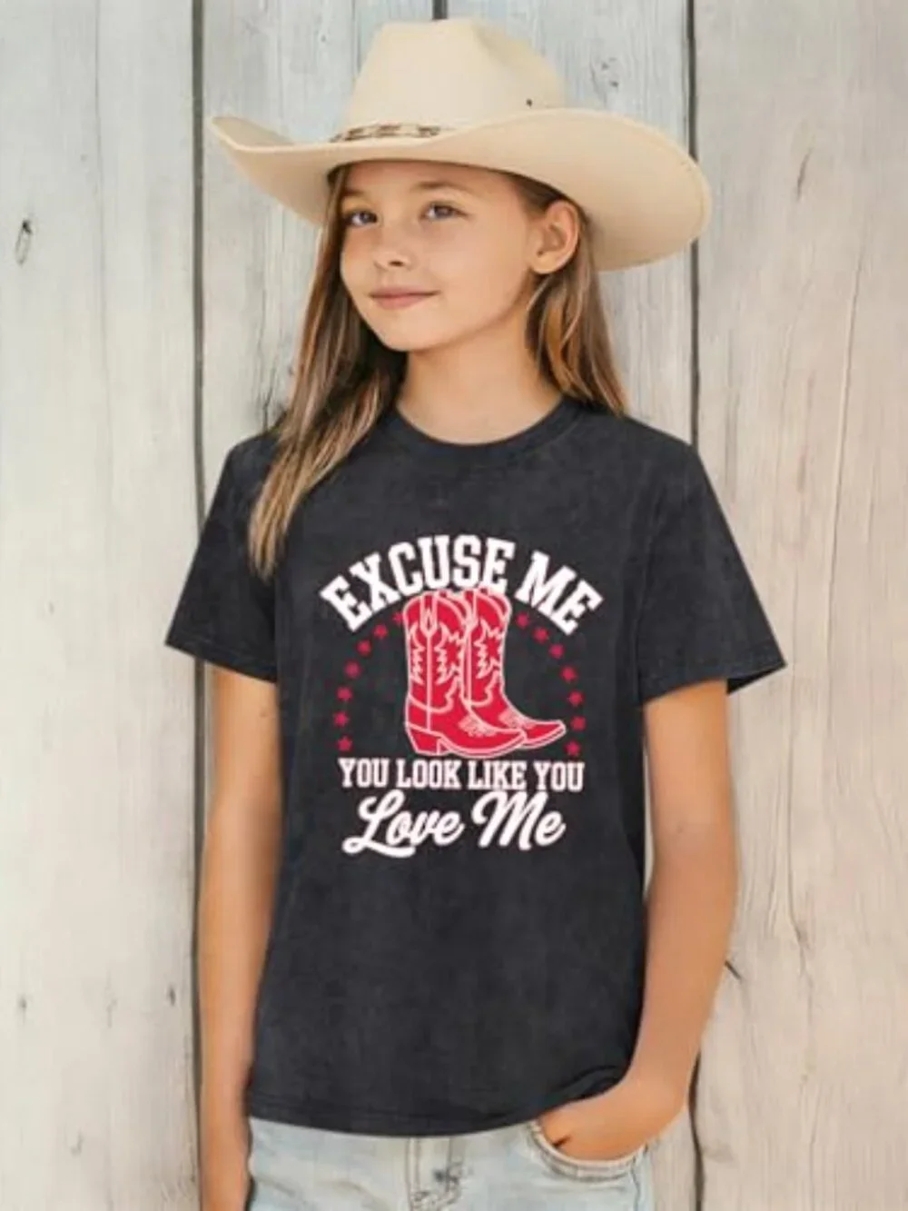 Girls Western Cowgirl T-Shirt Acid Wash Letter Print Rodeo Tee